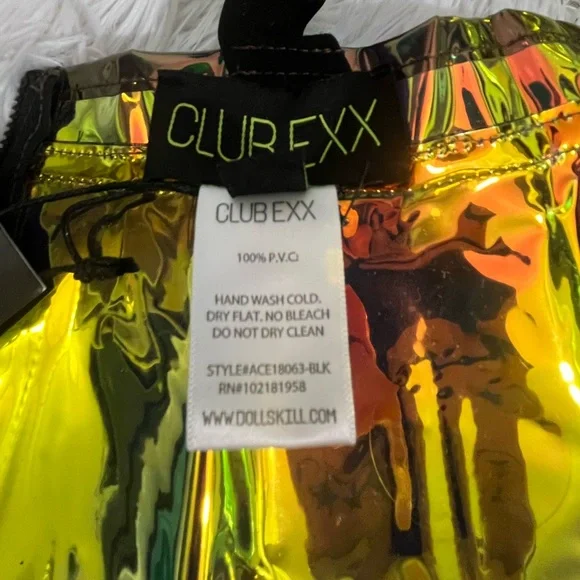 CLUB EXX Techno Gurl Hologram Vinyl Pinafore Overall Dress Metallic Blue Copper - Picture 10 of 12